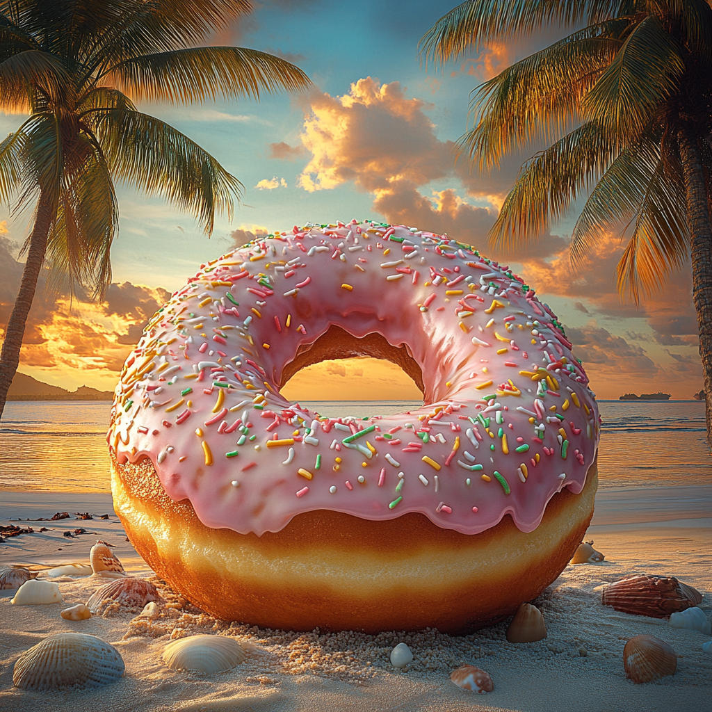 Glowing Jamaican Sunrise with Colorful Donut on Beach