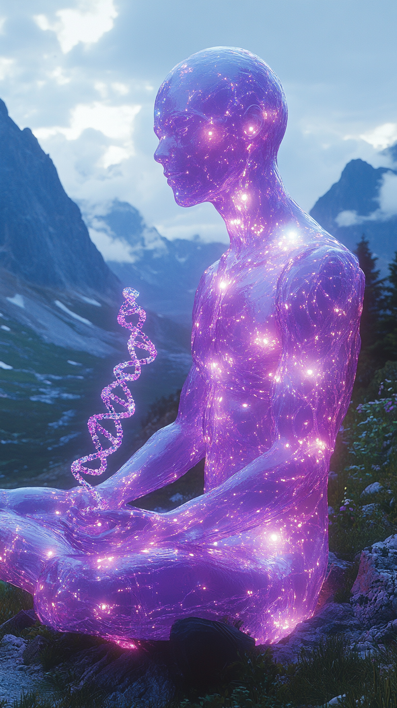 Glowing Purple Being Holds DNA in Mountain Valley