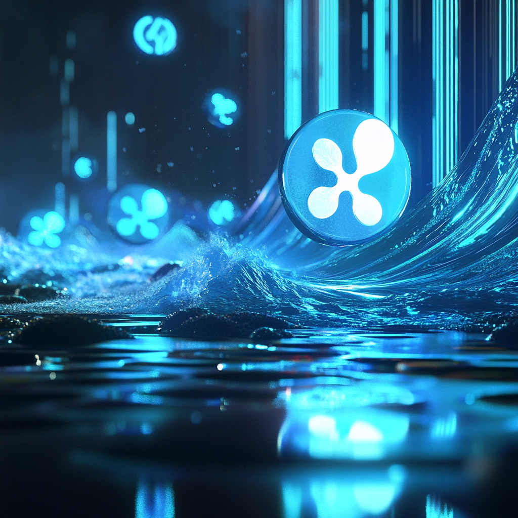 Glowing XRP wave crashes on financial cityscape.