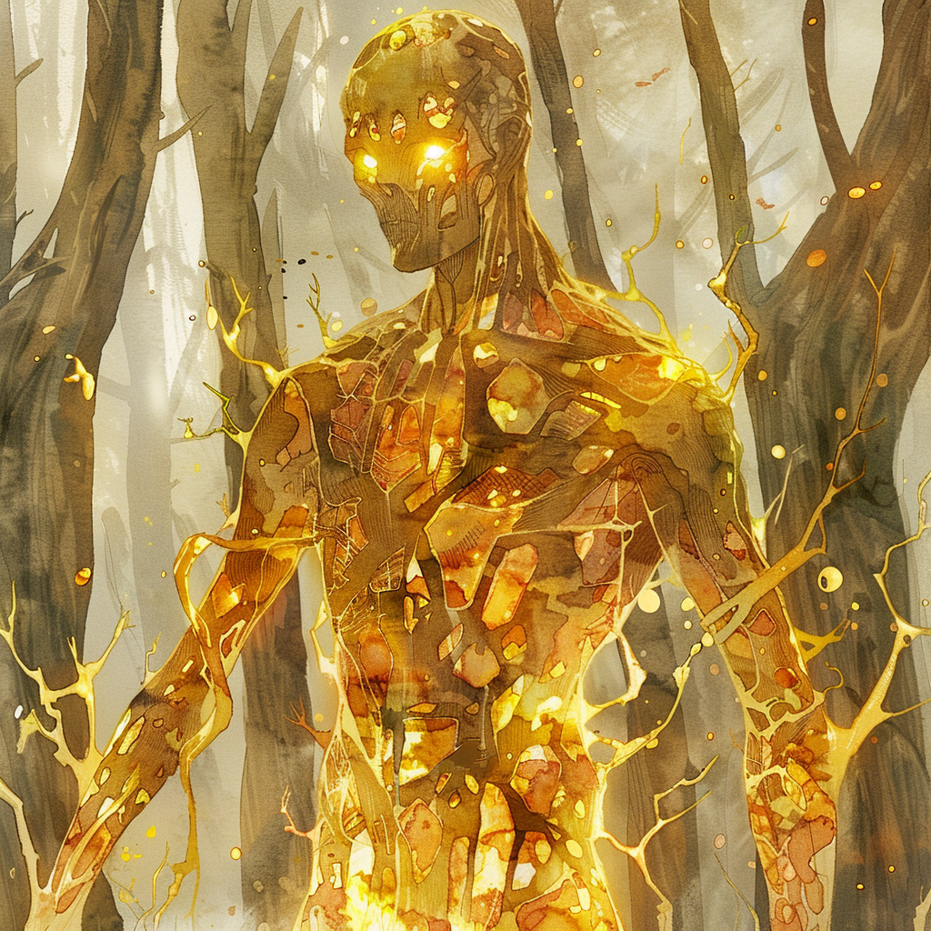 Glowing amber humanoid figure in mystical forest watercolor painting.