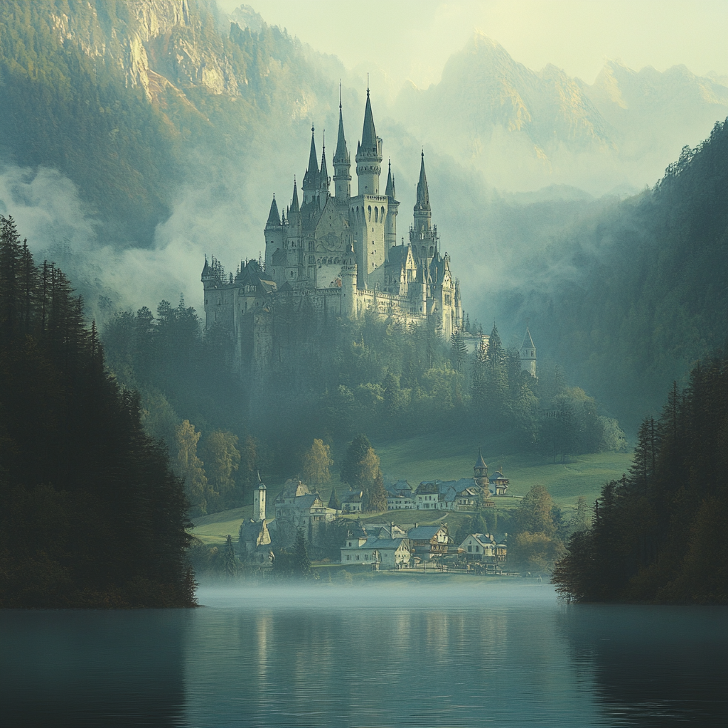 Glowing castle on hill, misty forest, serene lake.