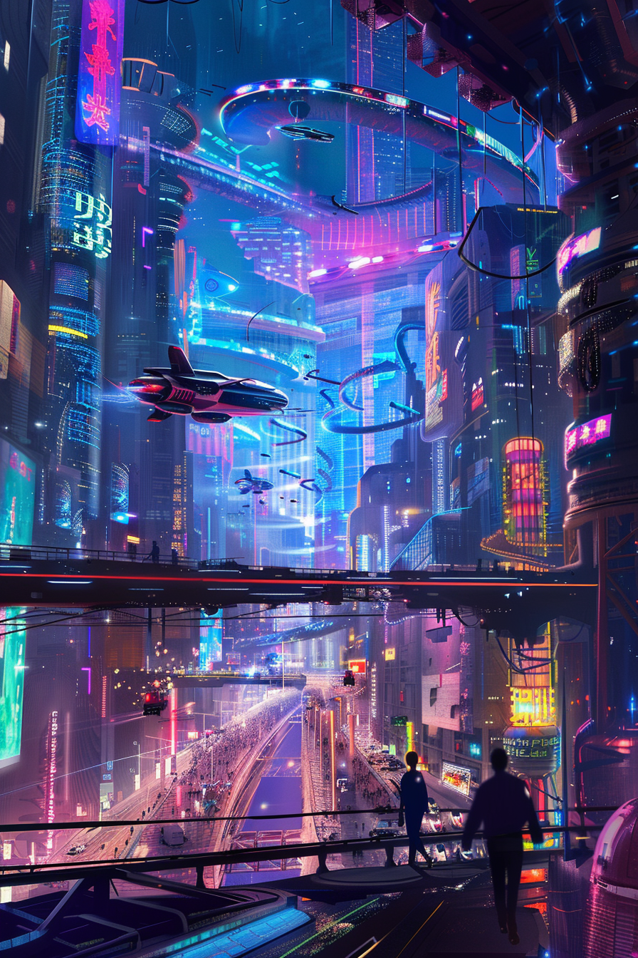 Glowing city with flying cars, holographic ads, metallic skyline.