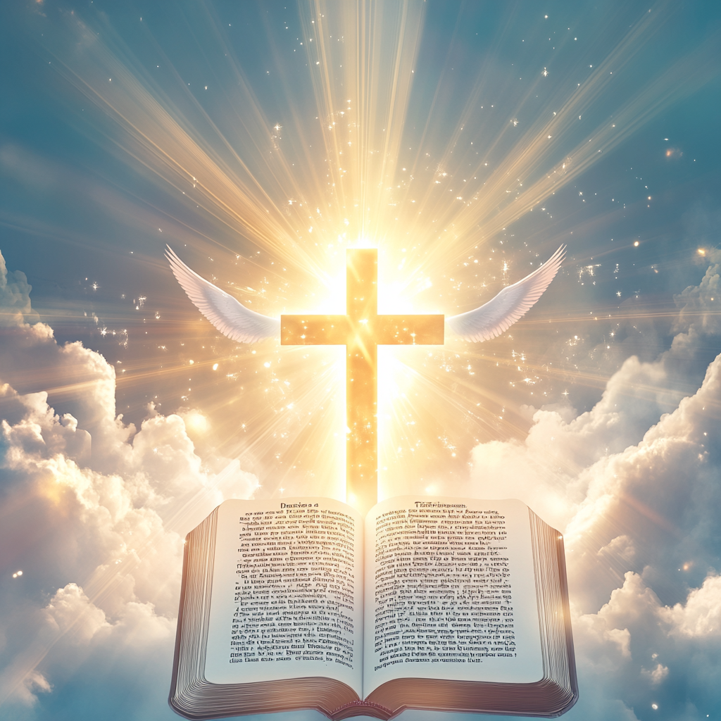 Glowing cross with light rays, dove, open Bible.