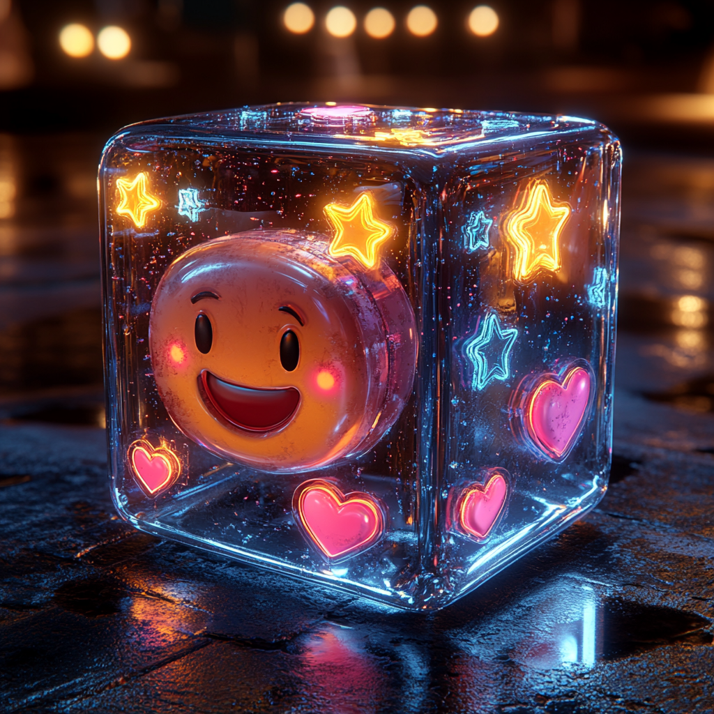 Glowing cube with emojis, radiating positivity