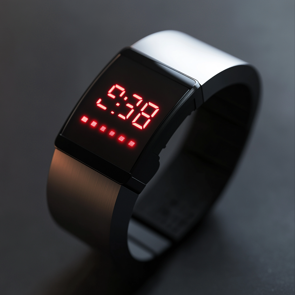 Glowing digital wristwatch with sharp numbers, stylish design.