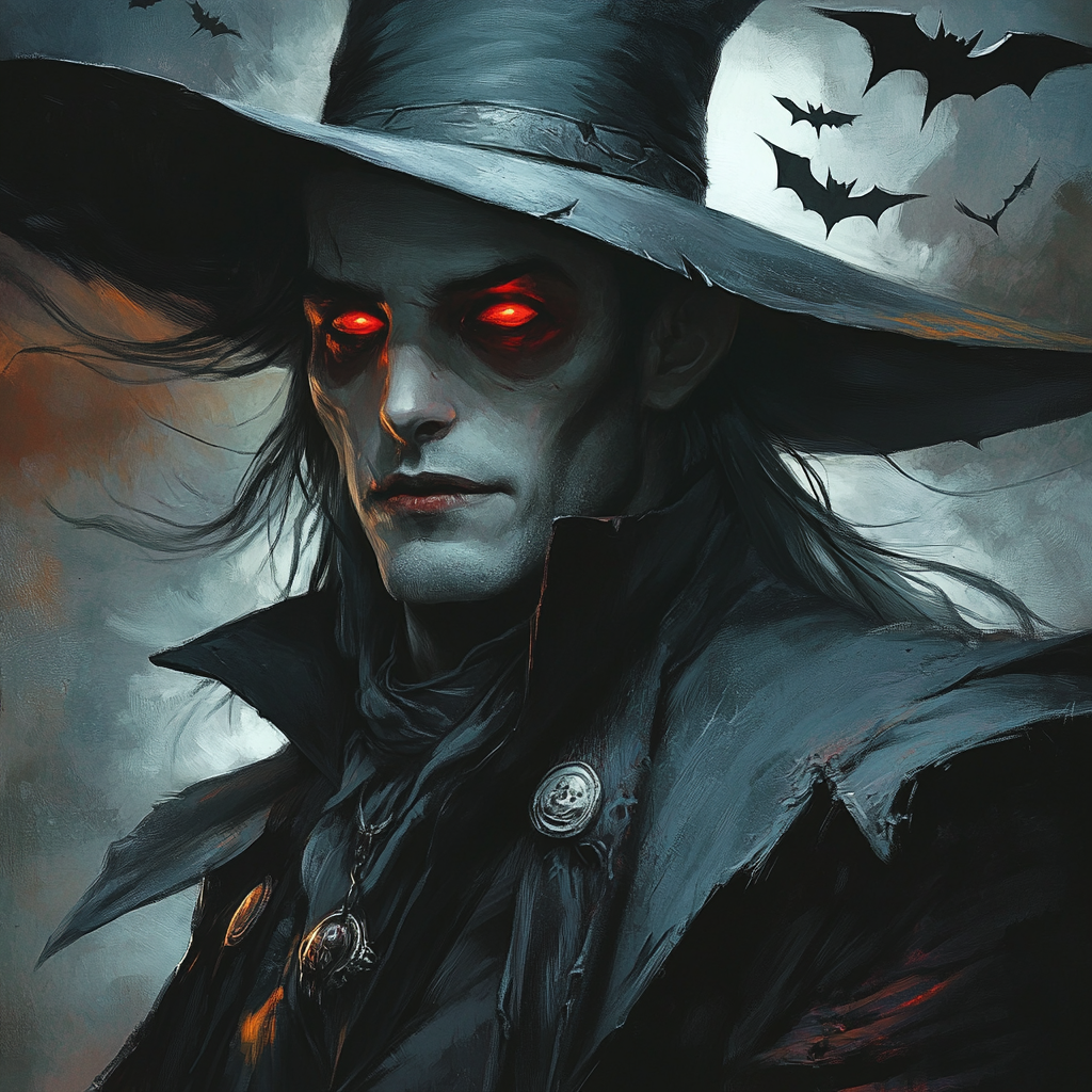 Glowing-eyed vampire with bats wearing lordly attire.