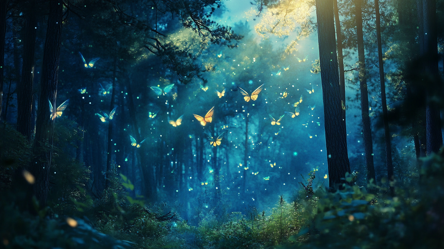 Glowing faerie insects flying through magical forest in light.