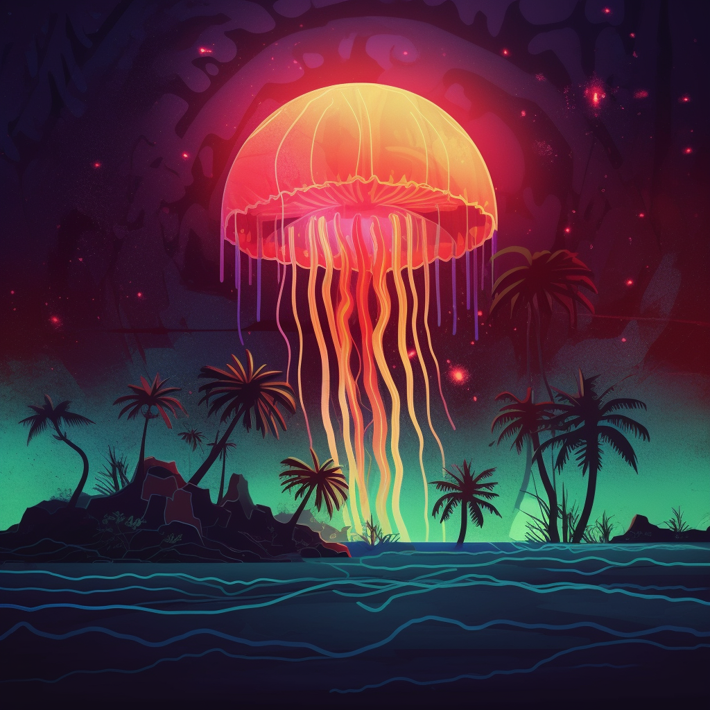 Glowing jellyfish light above African landscape