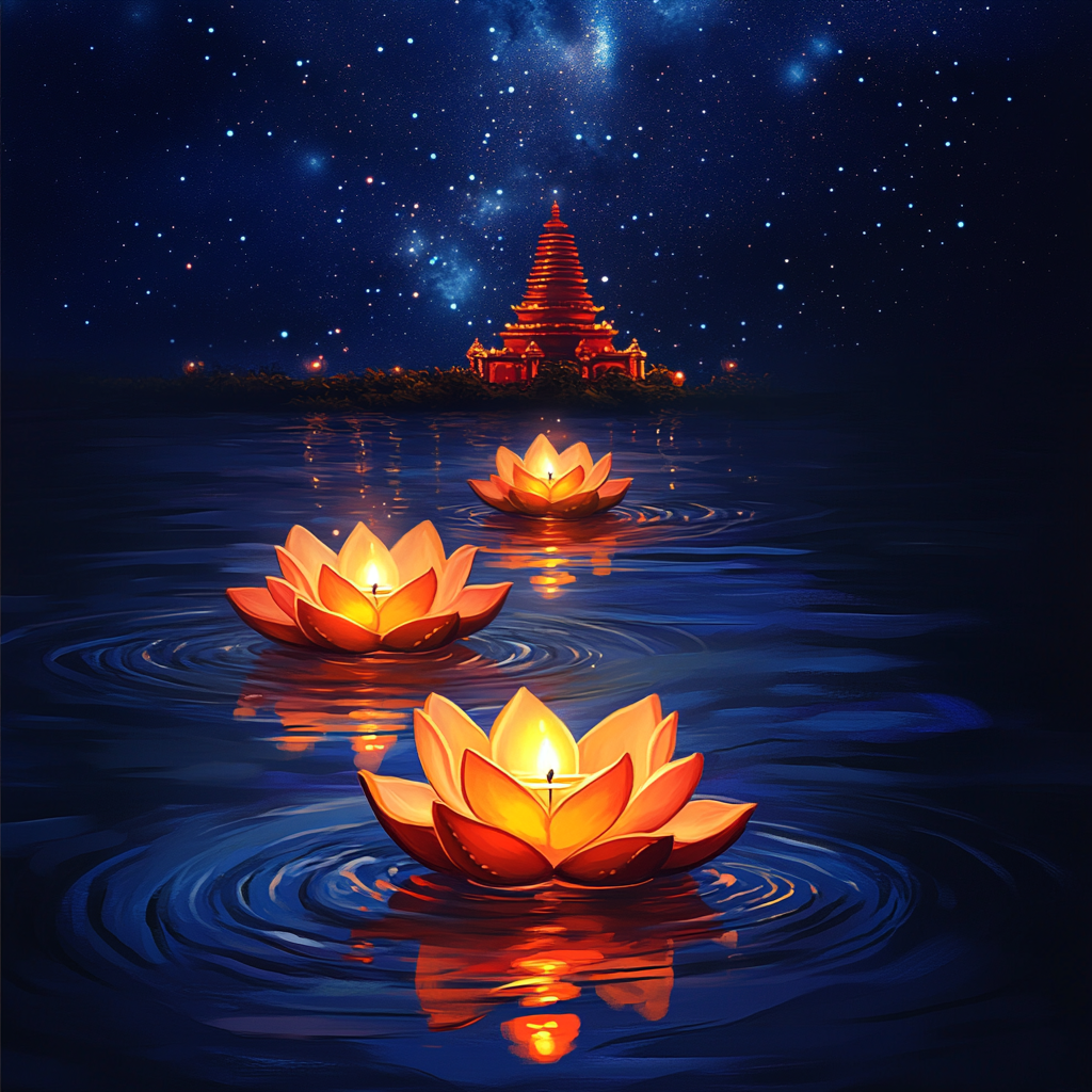 Glowing lotus diyas on serene night water scene