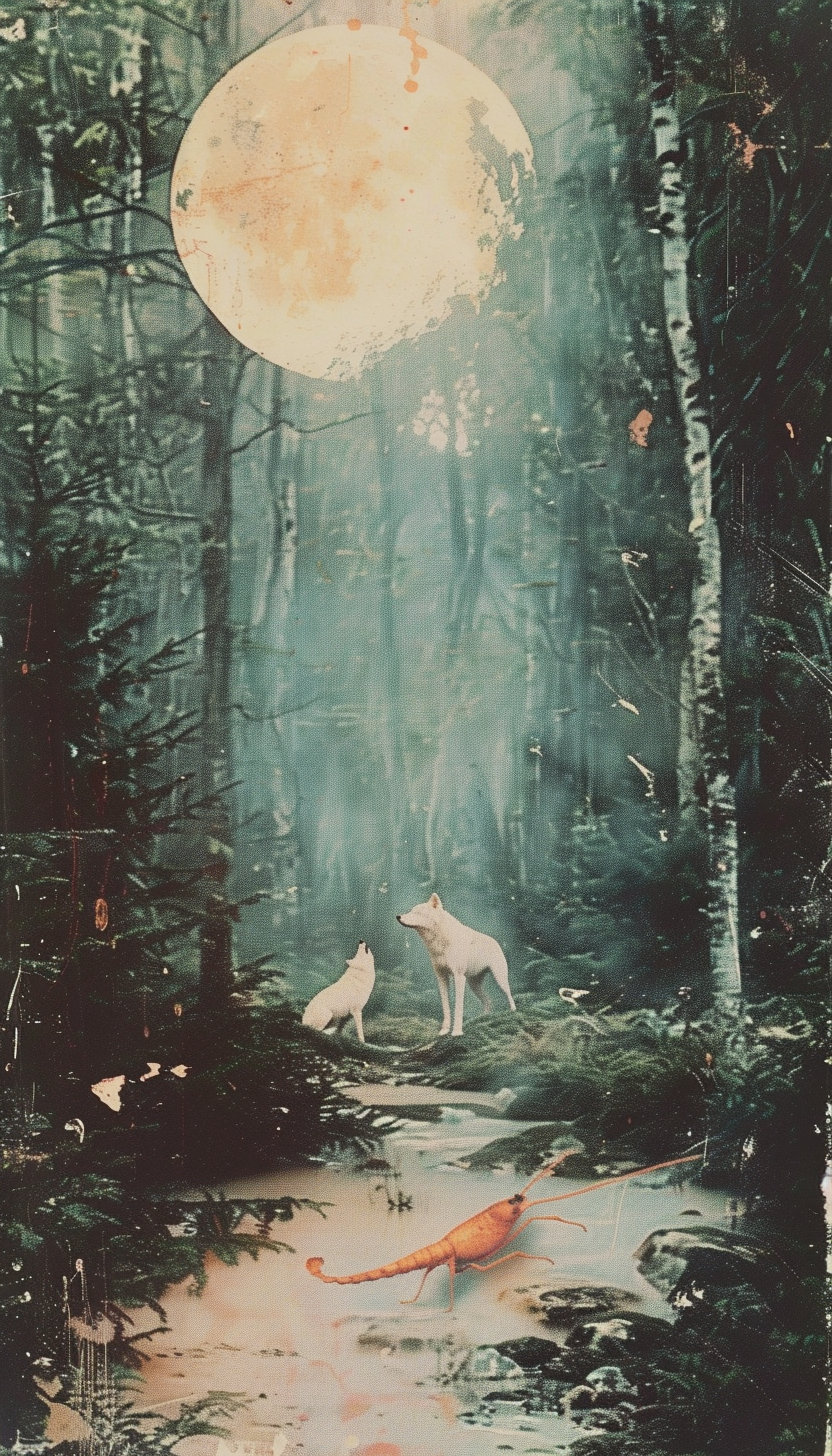 Glowing moon in forest with wolves howling, red crayfish.