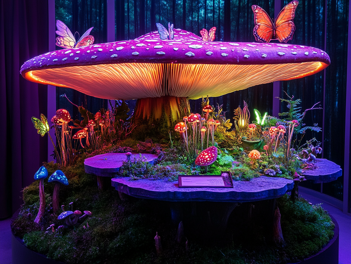 Glowing plants, butterflies on mushroom in forest, dreamlike setting.