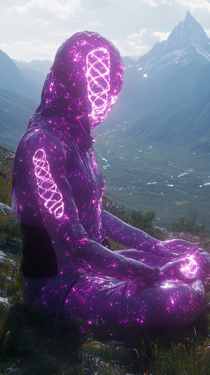 Glowing purple figure meditating in cosmic mountain valley.