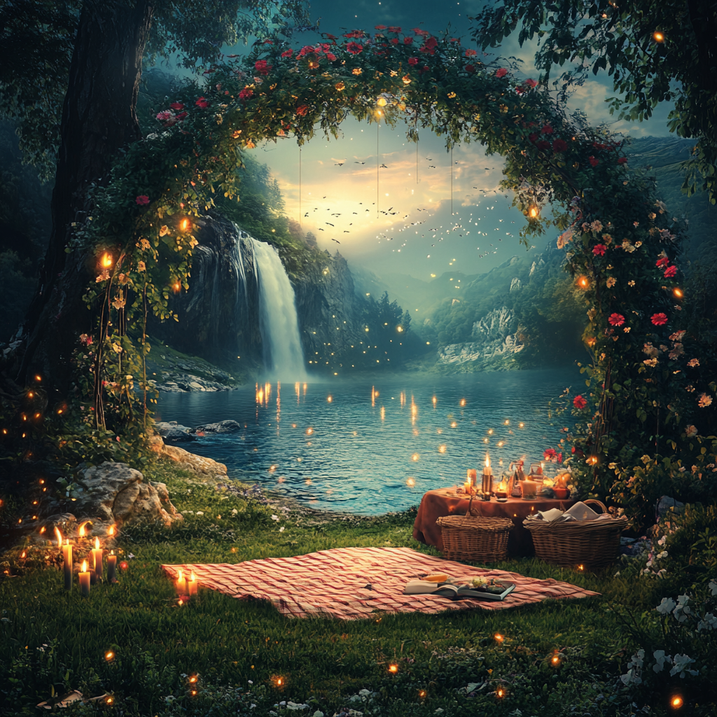 Glowing river with waterfall, flower arch picnic, fireflies