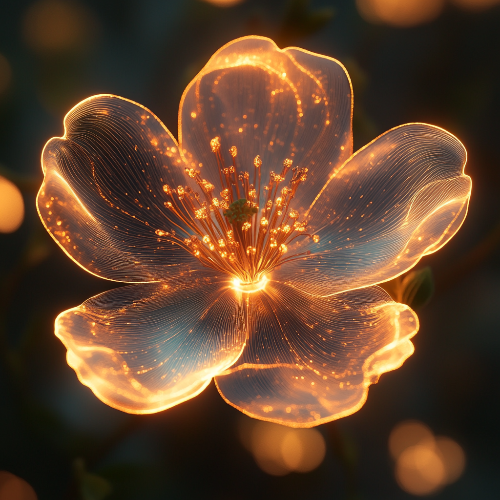 Glowing sakura flower with warm light, luxuriously elegant backdrop.