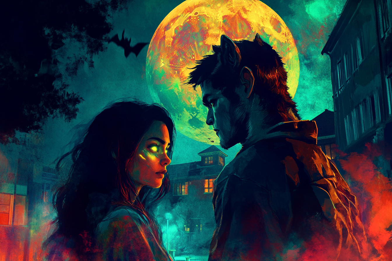 Glowing vampire girl and rugged werewolf boy under moon.