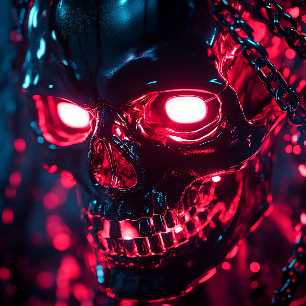 Glowing white-eyed glass skull in cyberpunk anime style.