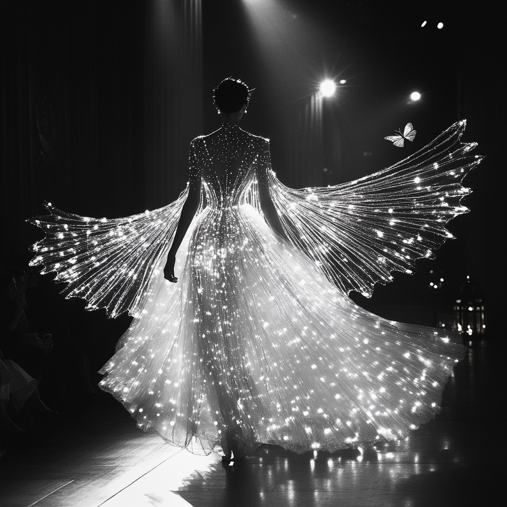 Glowing winged model in dreamlike runway isolation