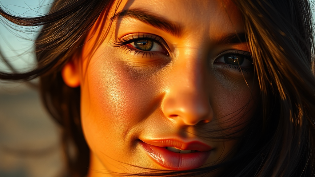 Glowing woman's sunlit face with rosy cheeks.