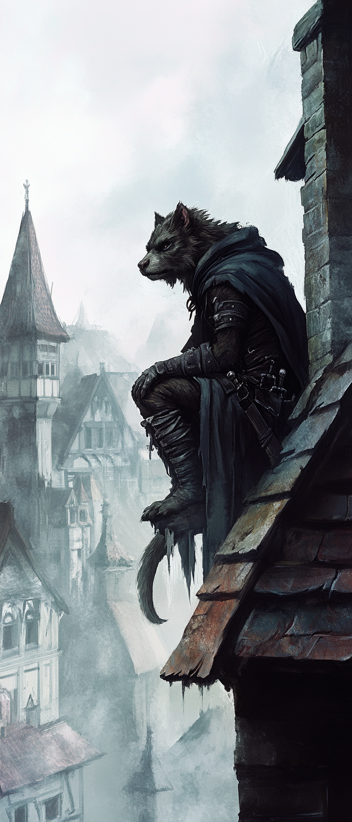 Gnoll ranger watches on rooftop in medieval city.