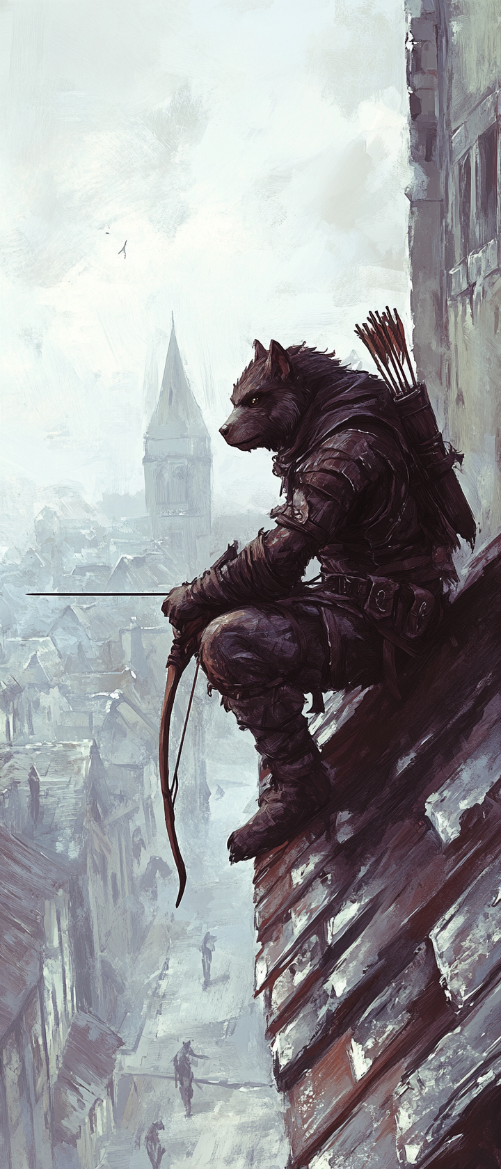 Gnoll ranger with bow watches eerie medieval city.