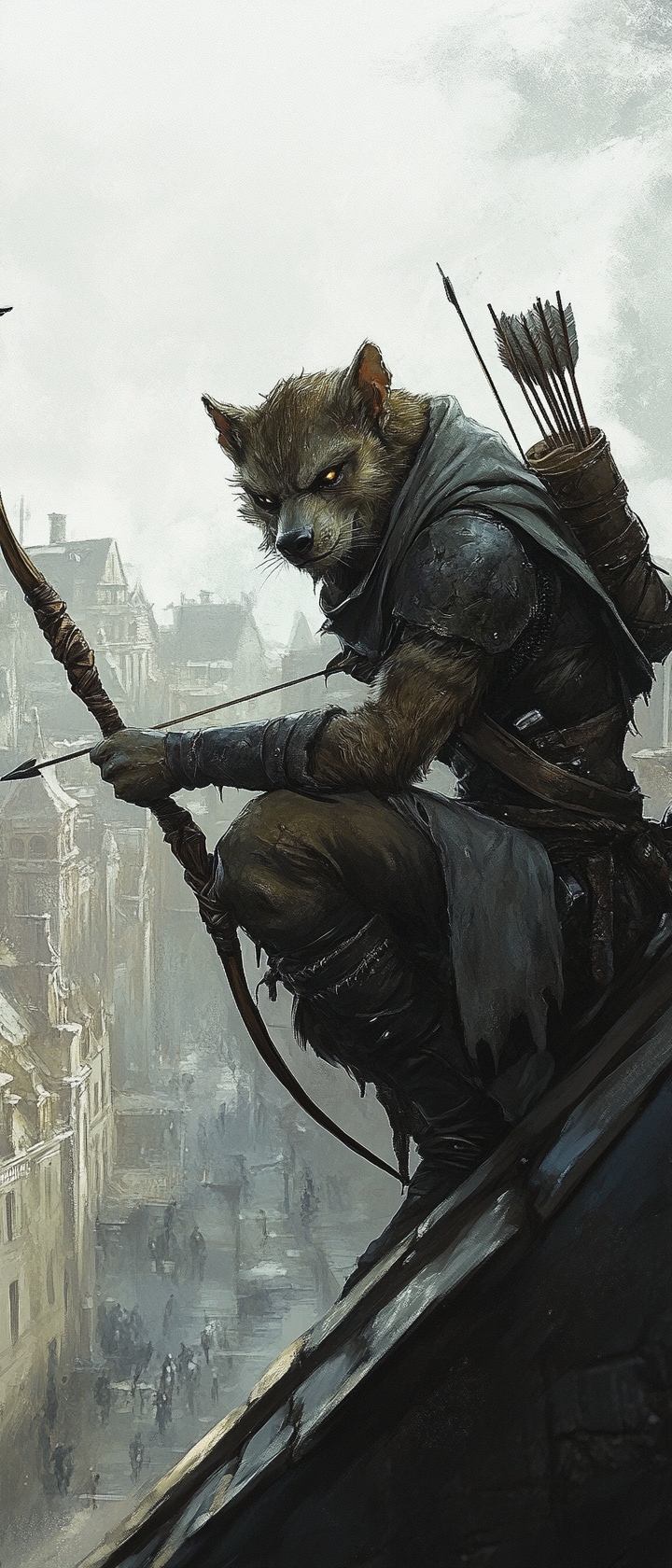 Gnoll ranger with hyena-like features, holding bow, crouching.