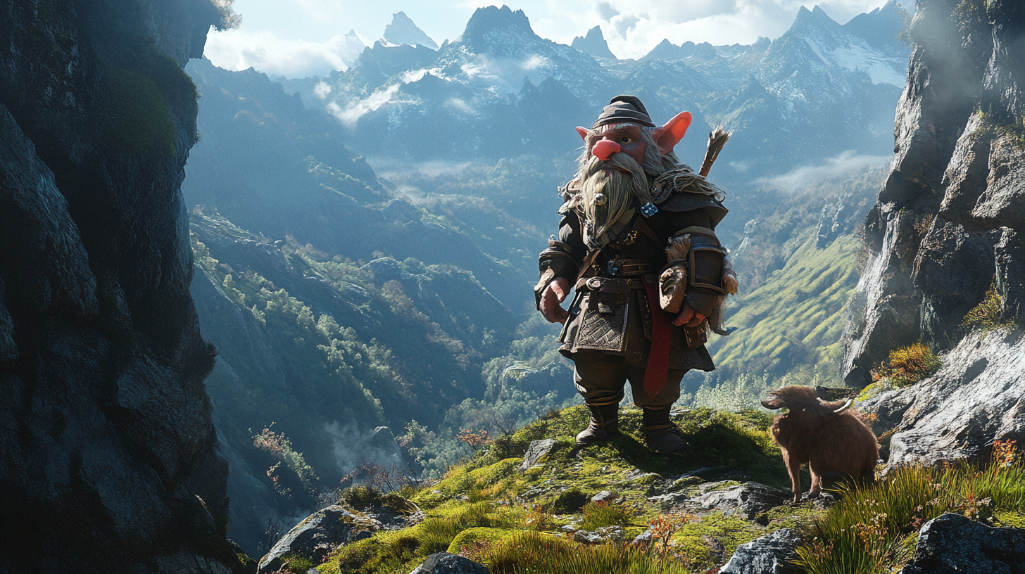 Gnome ranger with animal companion in dark fantasy mountains.