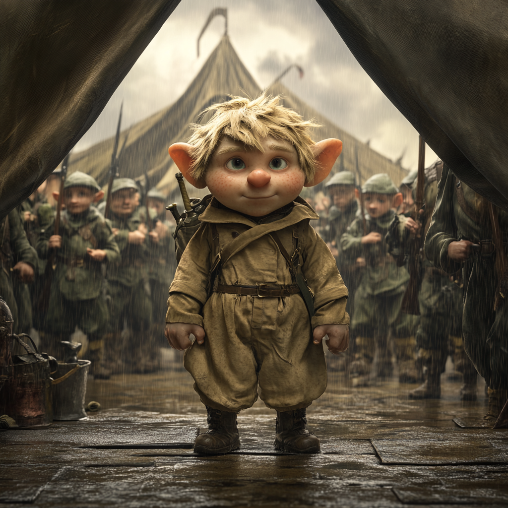 Gnome with blond hair in tent with soldiers in rain.