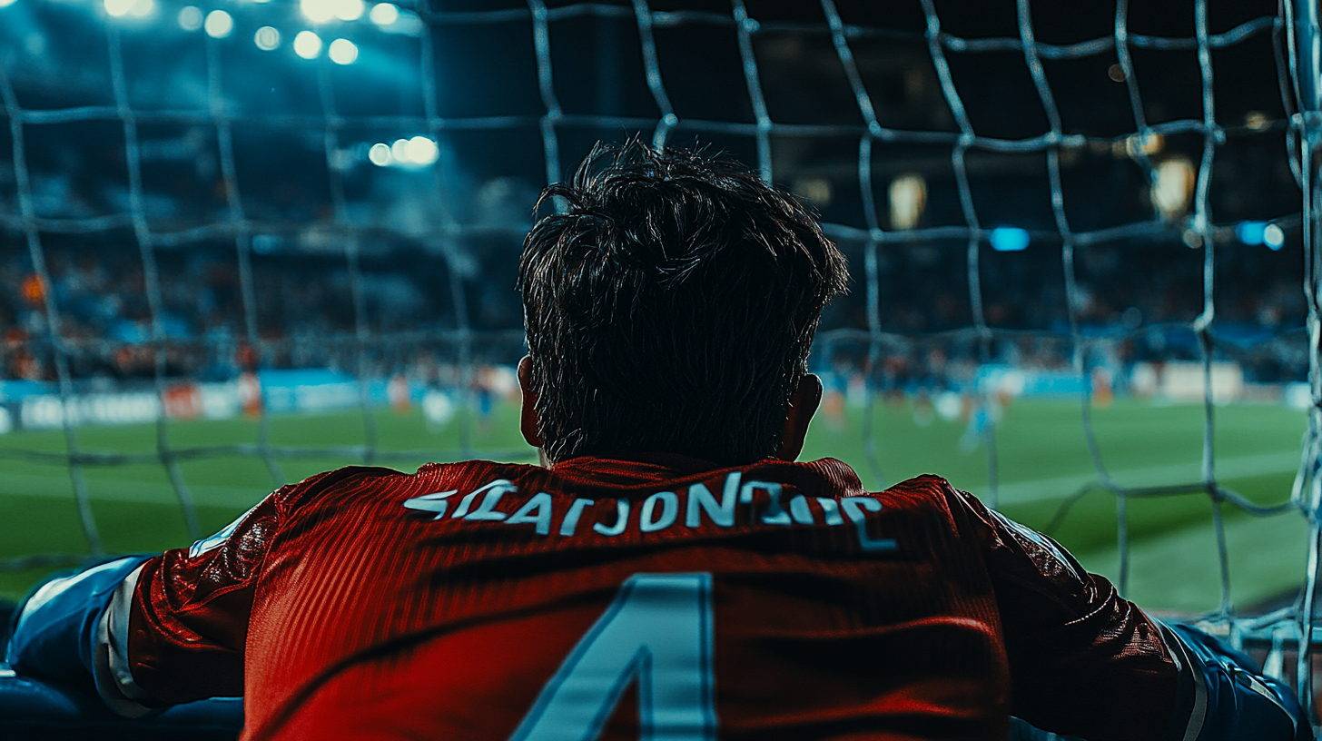 Goalie in position, game in background, dramatic setting.