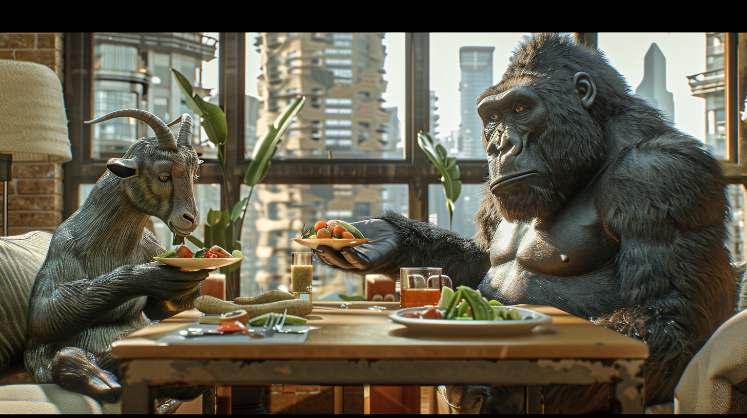 Goat and gorilla having meal in modern room.