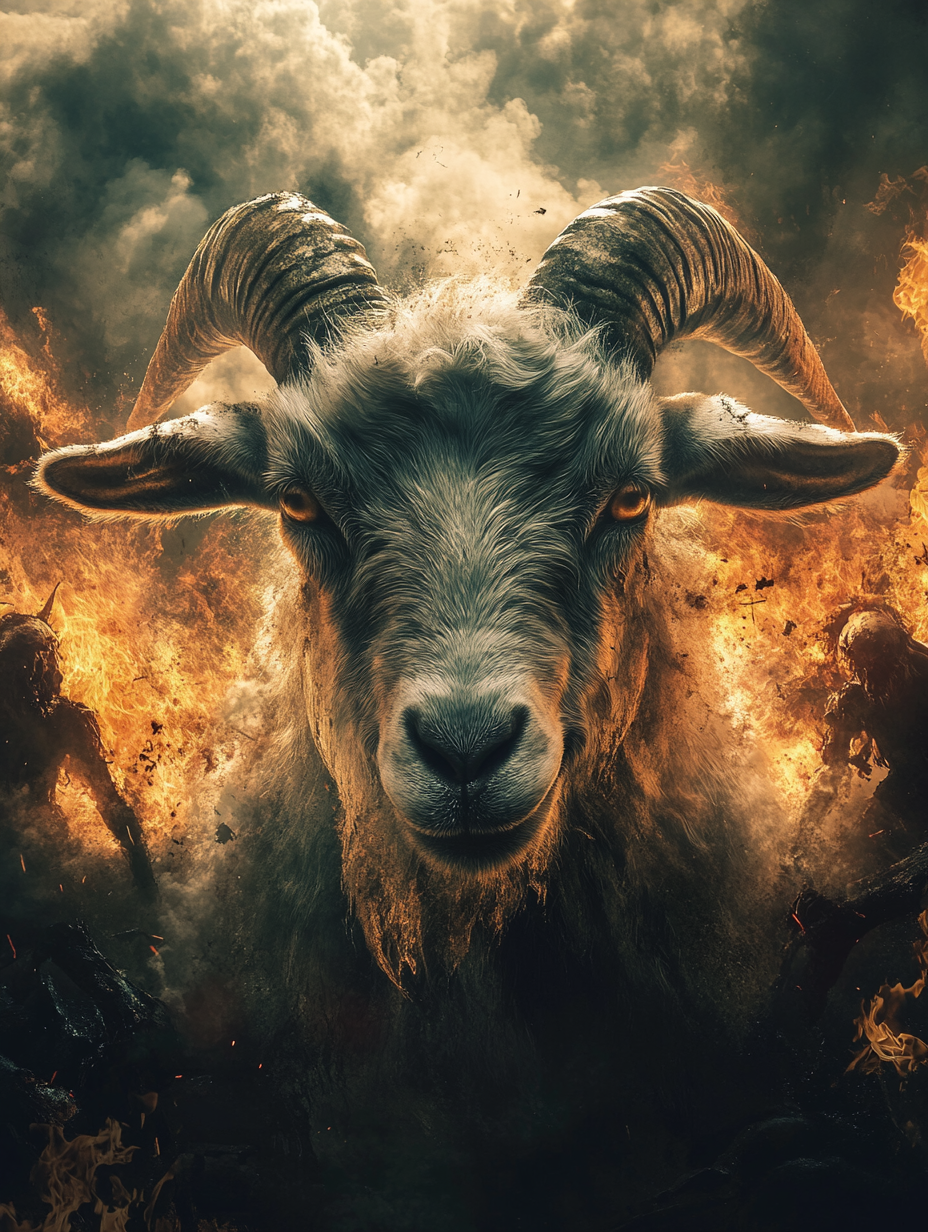 Goat facing apocalyptic demons in cinematic high resolution.