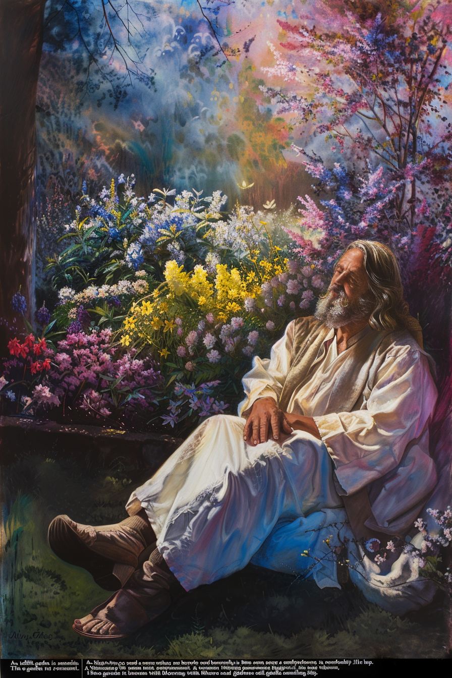 God comforts woman in lush garden; serene and harmonious.