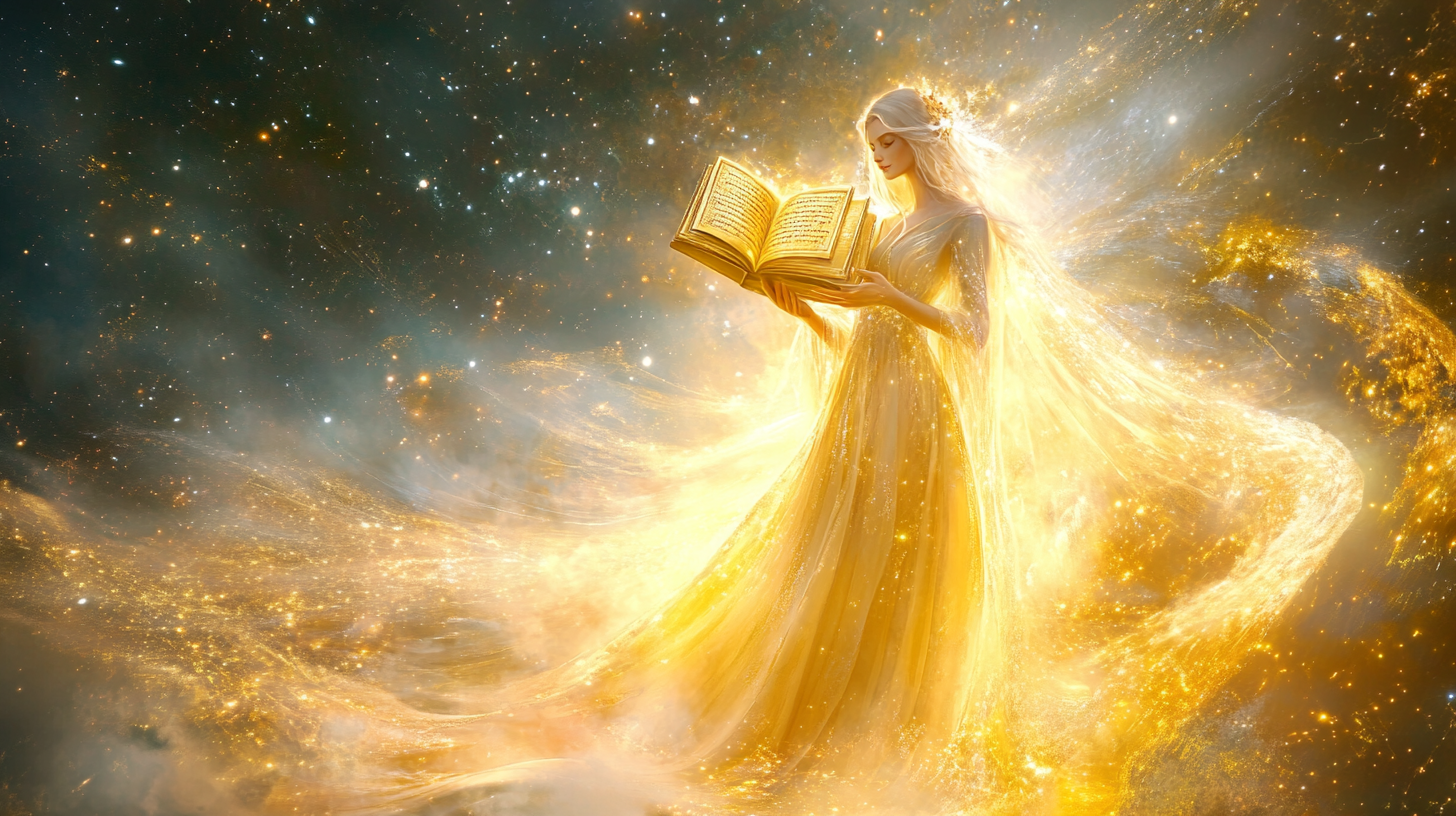 Goddess Abundantia offers golden book, radiates magic and wisdom.