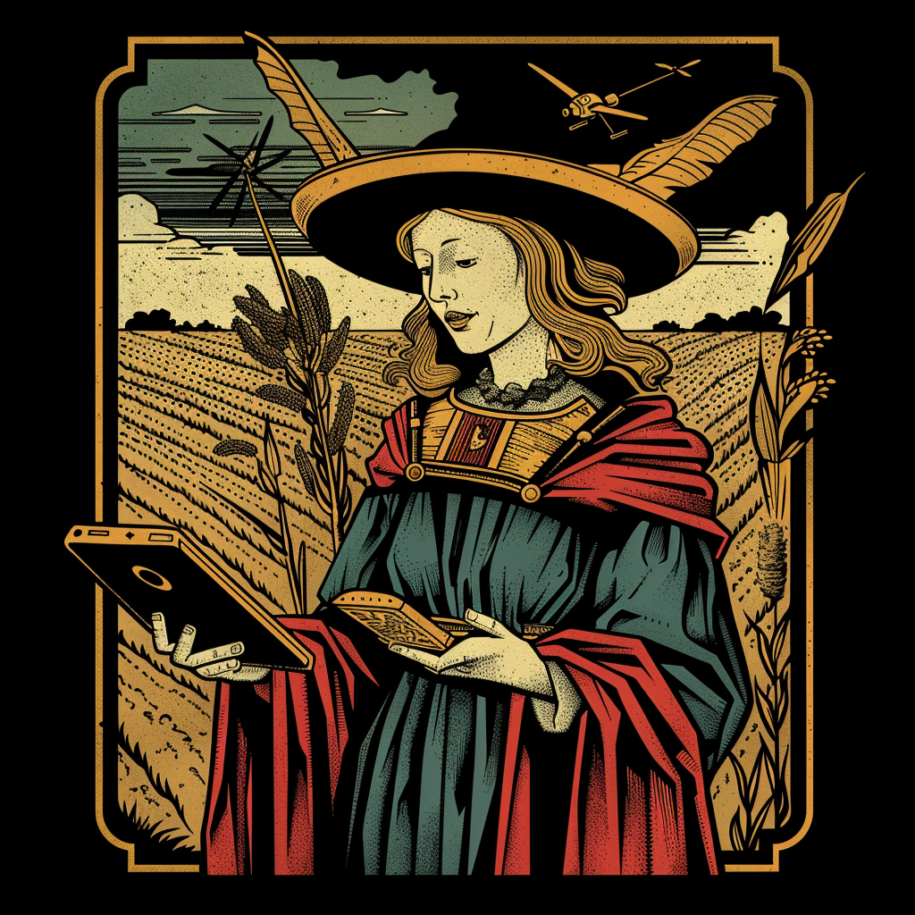 Goddess Demeter holding tablet and drone in field.