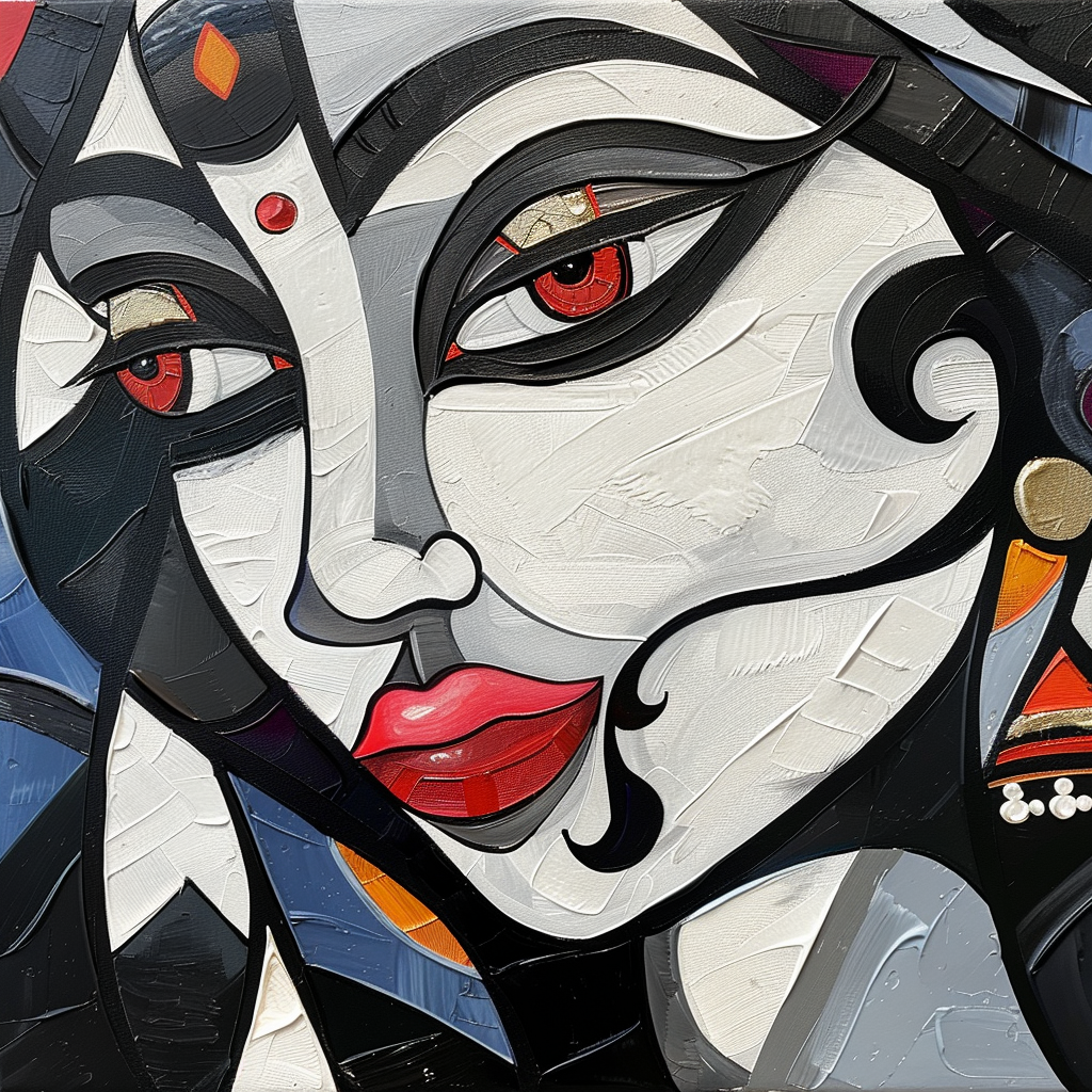 Goddess Kali in Picasso-style cubism, smiling with pride.