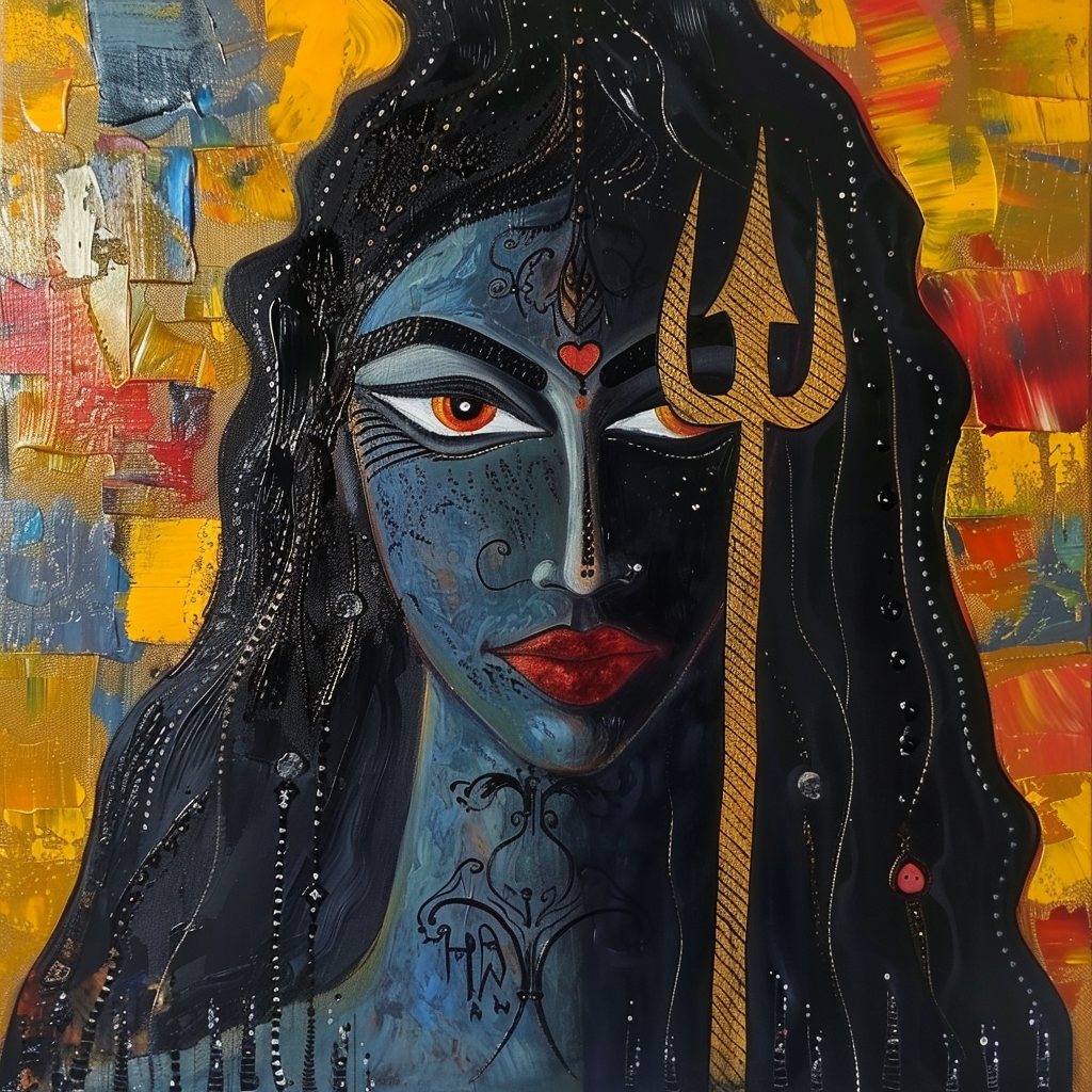 Goddess Kali in bold, colorful cubism painting style.