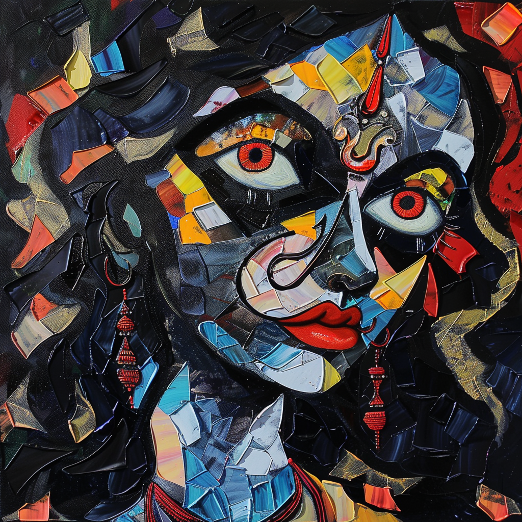 Goddess Kali painting with flowing hair and bindi.