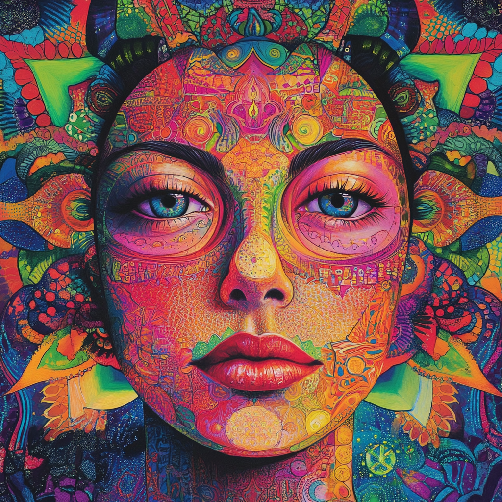 Goddess in vibrant colors, transcending through psychedelic mandala.