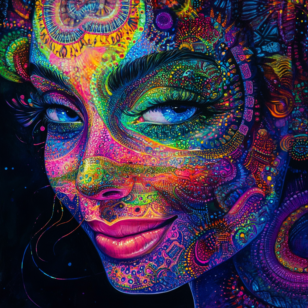 Goddess on acid trip in vibrant neon colors