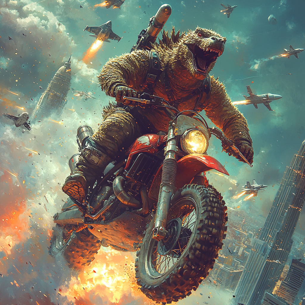 Godzilla on Dirtbike with Rocket Launcher Jumping Over Moon Cityscape 