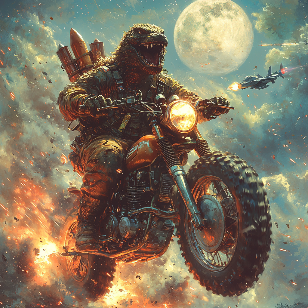 Godzilla on Dirtbike with Rocket Launcher in Space.