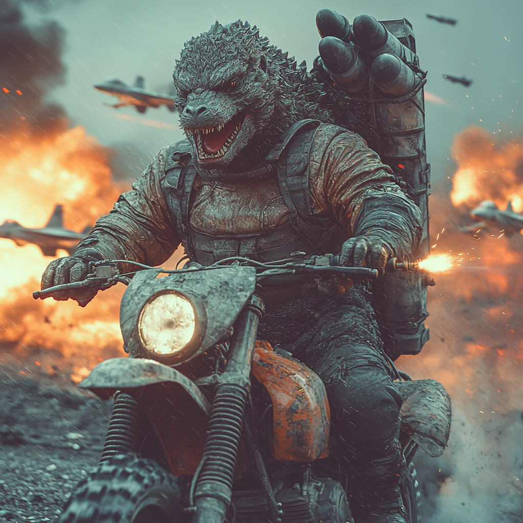 Godzilla on Dirtbike with Rocket Launcher on Moon