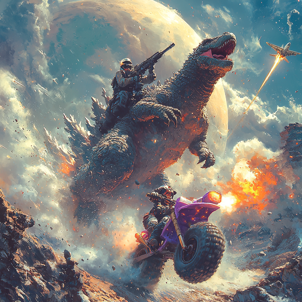 Godzilla on Dirtbike with Rocket Launcher vs Barney