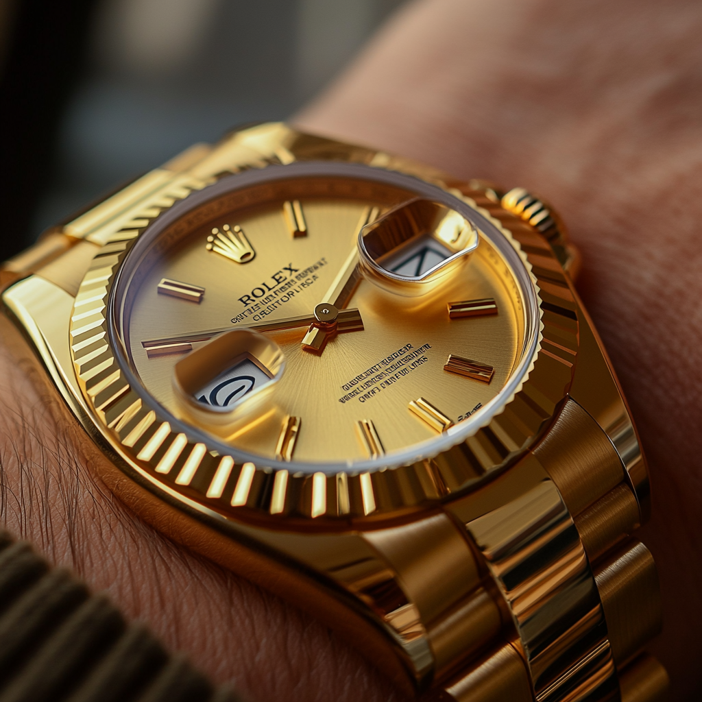 Gold Rolex watch on wrist, close-up view.