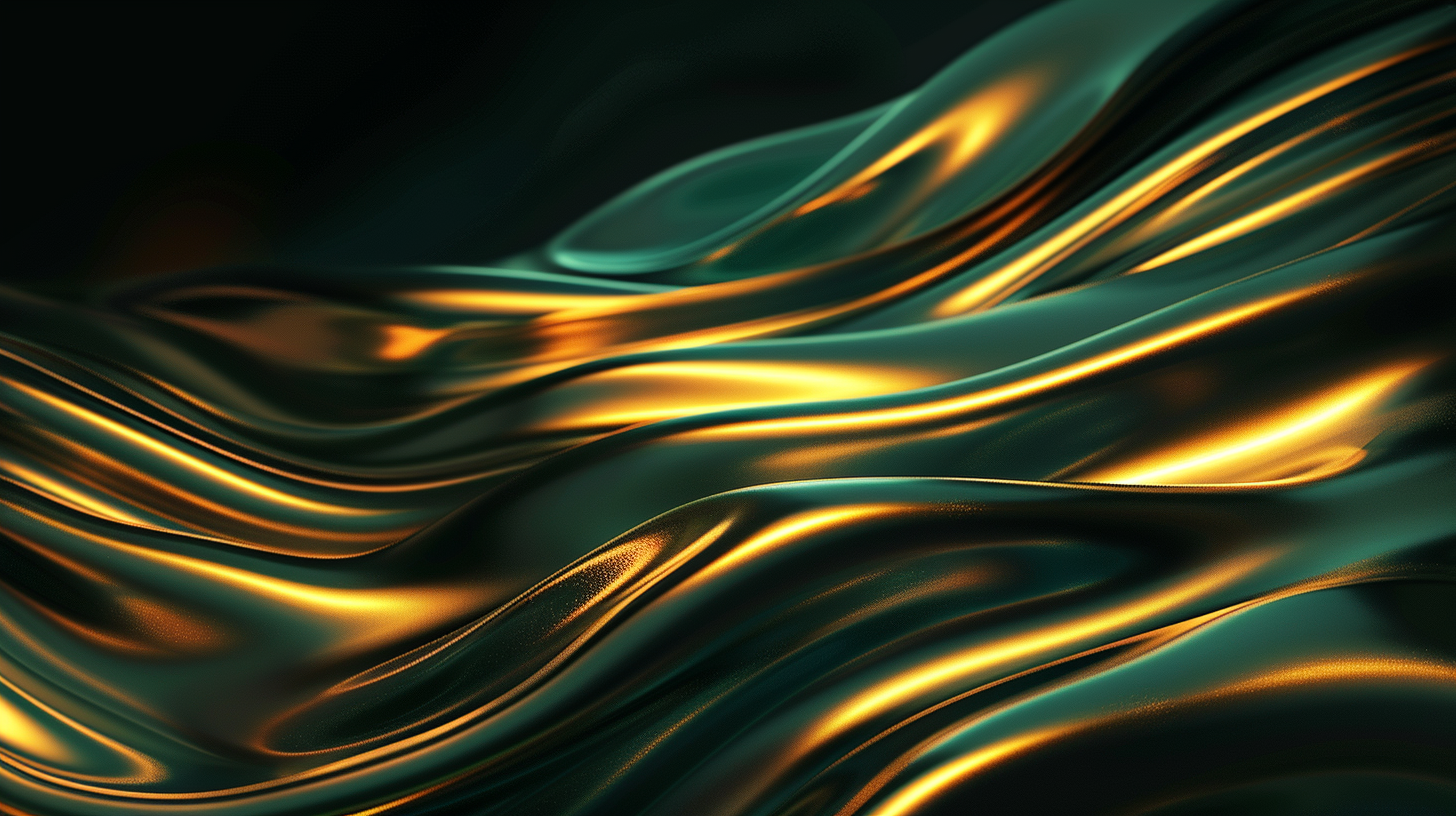 Gold and dark green background, flowing lines, coins.