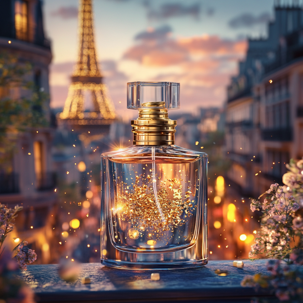 Gold particles in elegant French perfume bottle, historical landscape