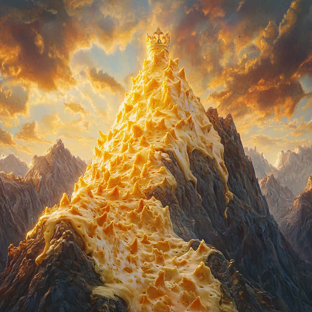 Golden, royal grilled cheese atop mountain, cinematic masterpice.