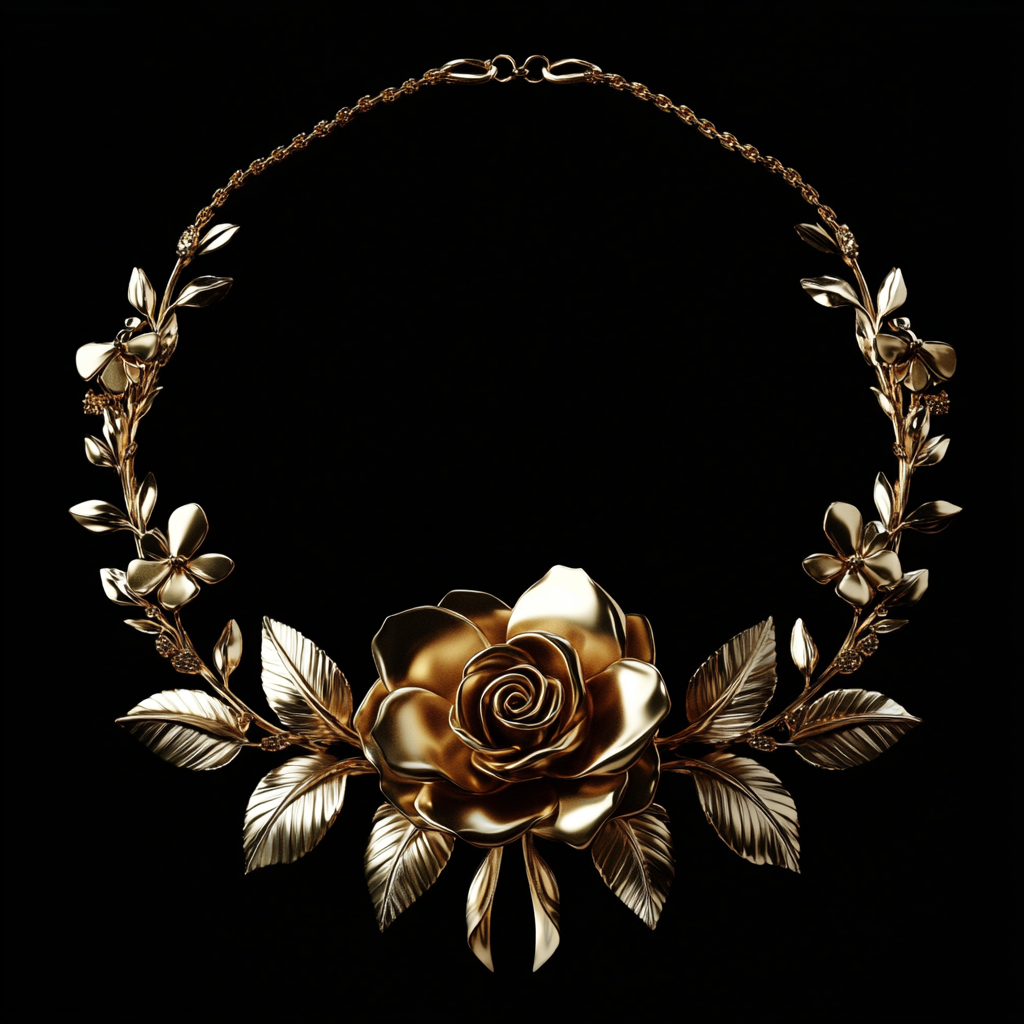 Golden 24K necklace with rose, bow tie shapes.