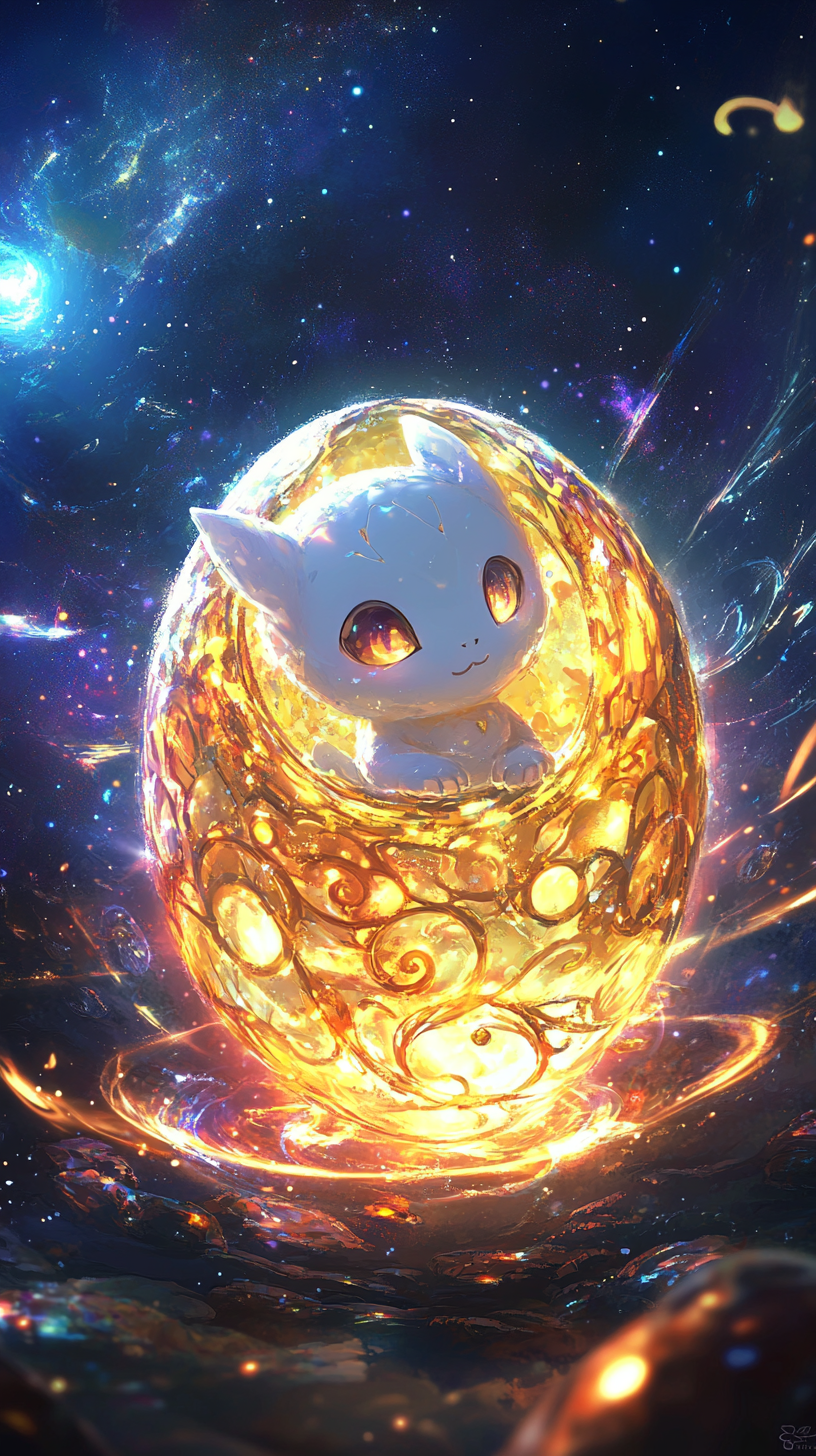 Golden Arceus hatching from celestial egg in cosmic background.