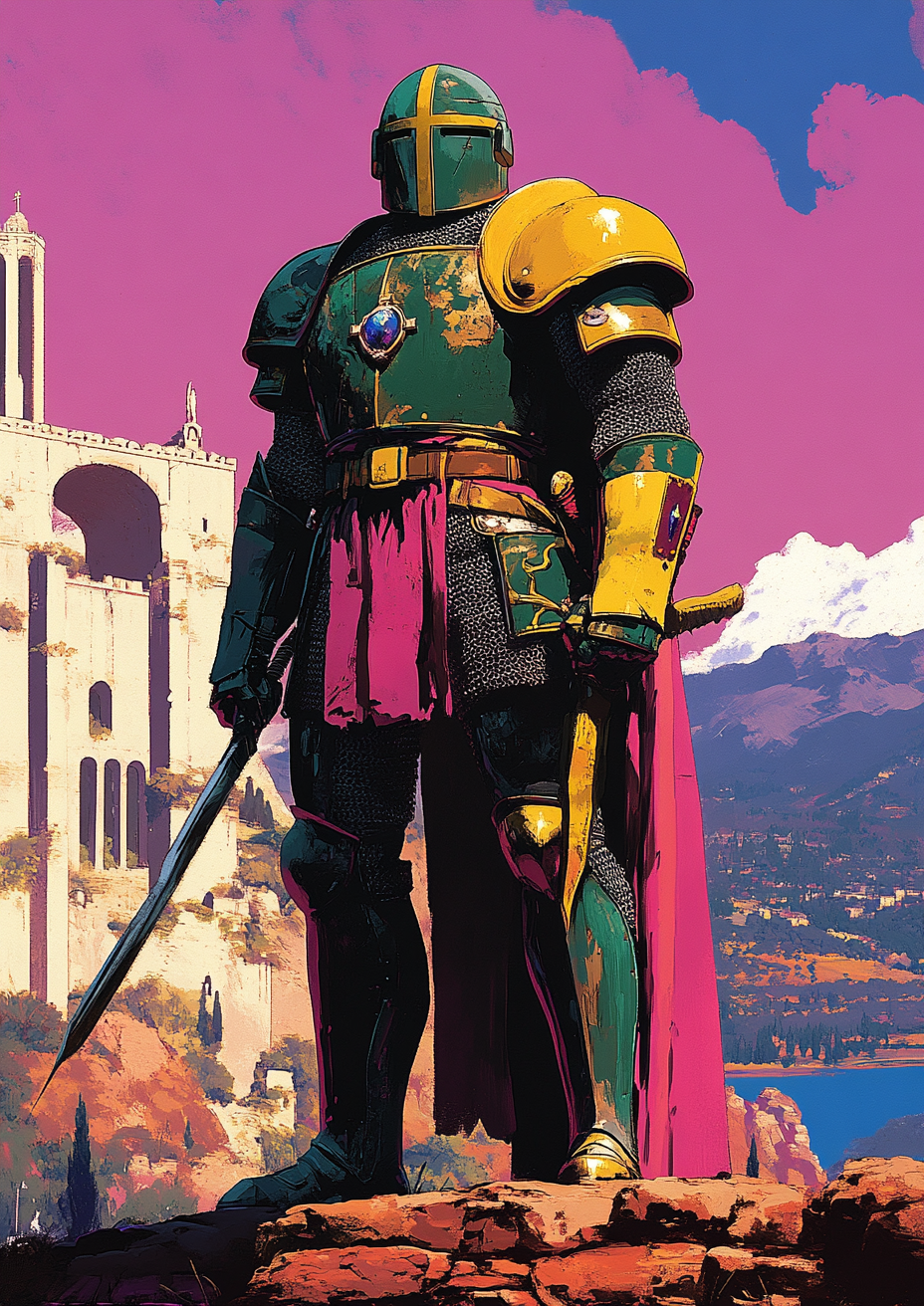 Golden Axe Knight with Sapphire Emblem Standing Near Rose Chapel