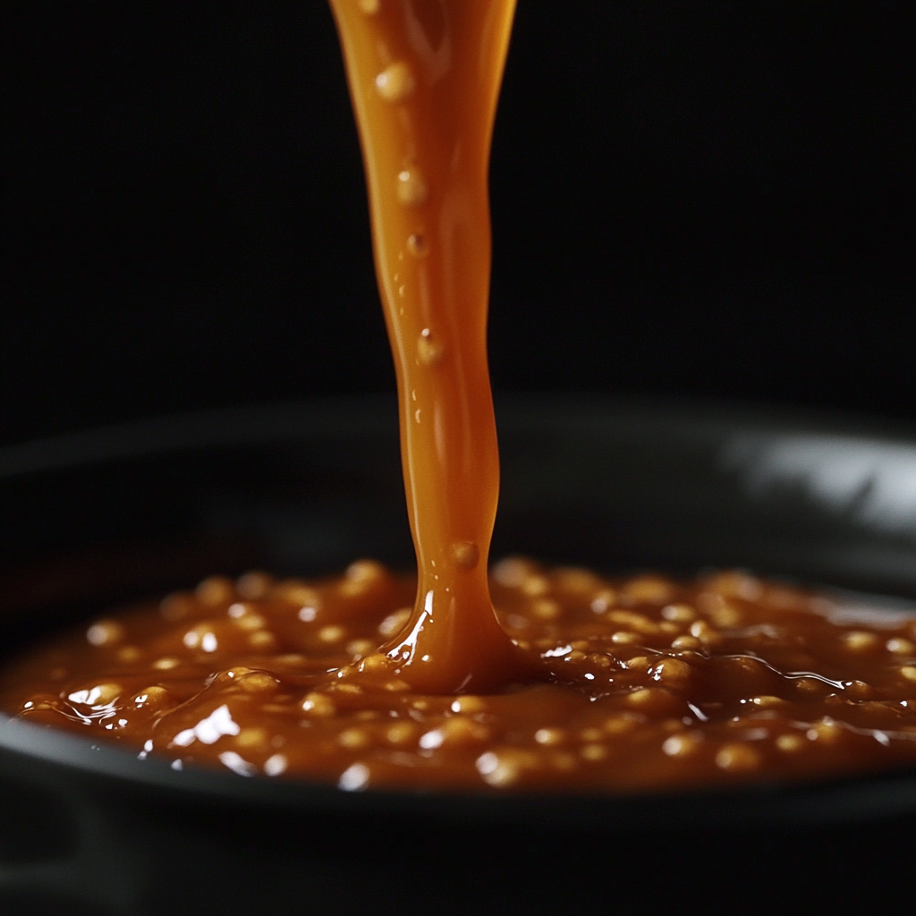 Golden Caramel Pouring into a Black Bowl